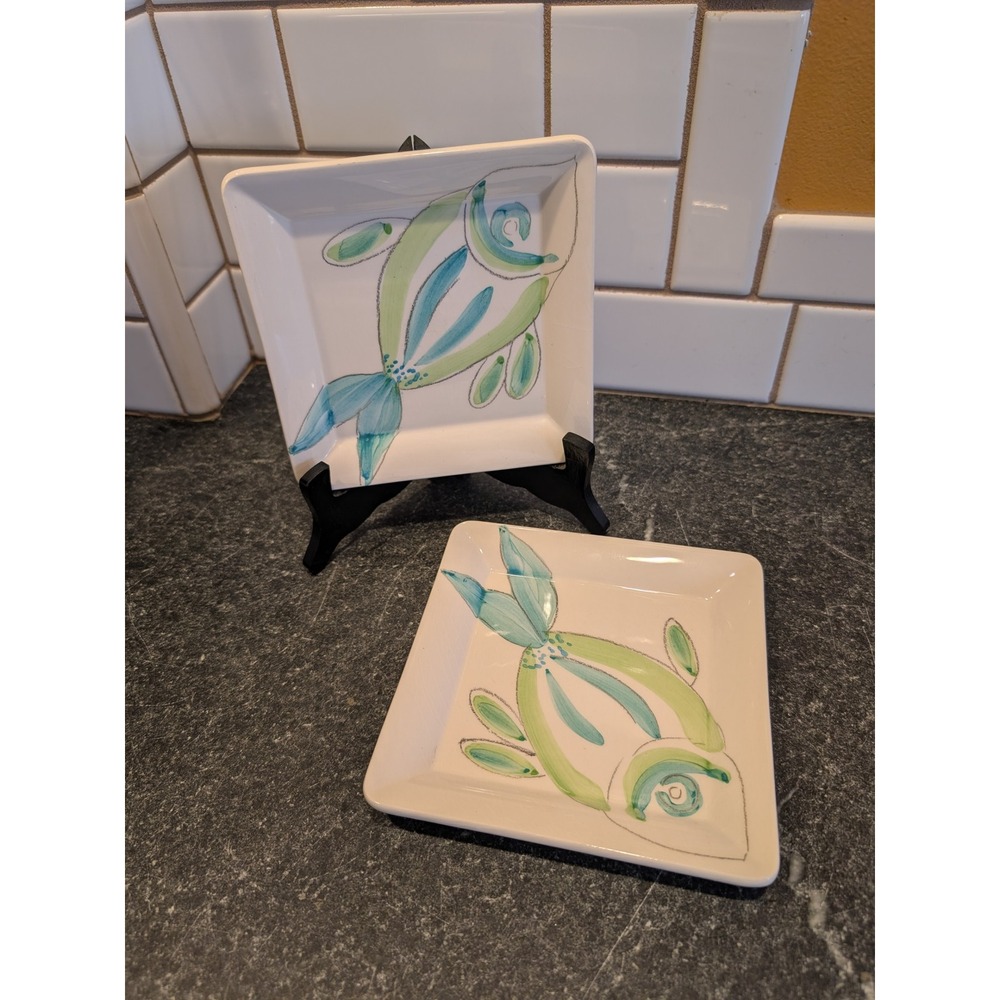 Pereiras Portugal Hand Painted Fish Ceramic Square Appetizer Plates Set of 2
